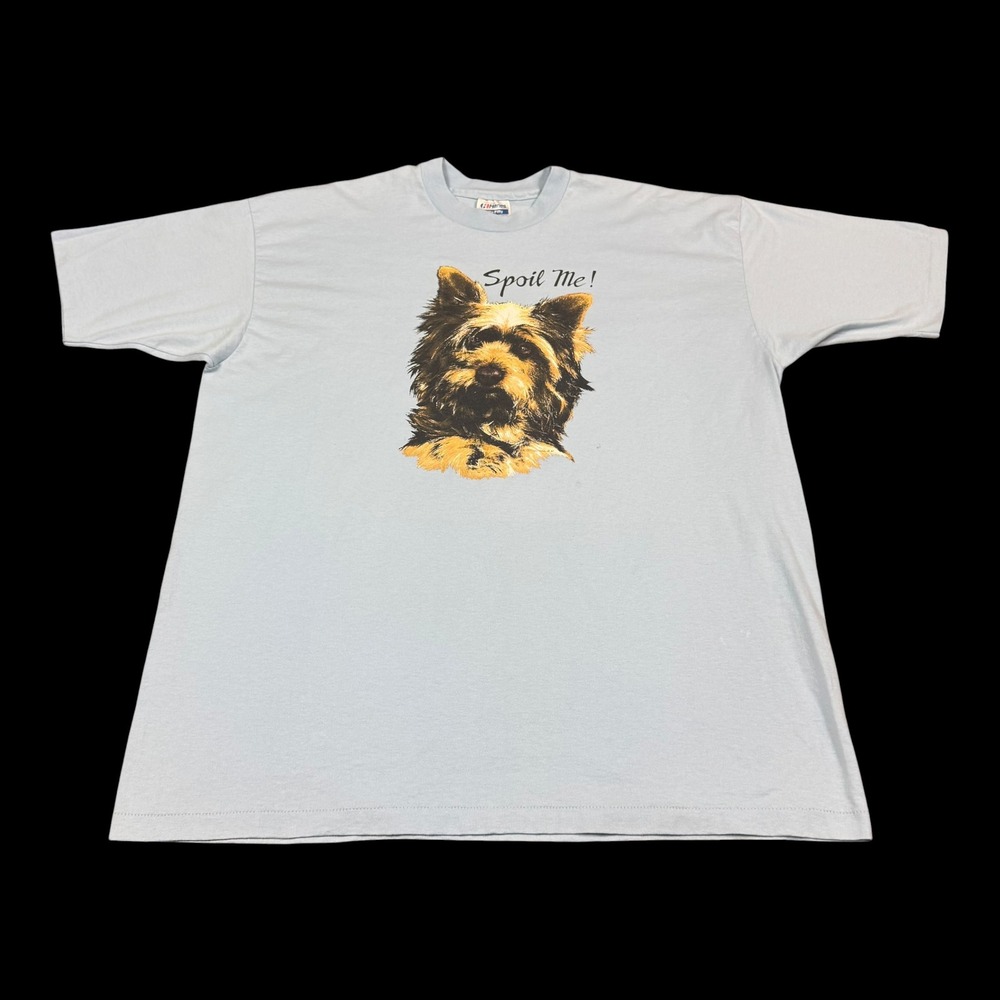Vintage 80s Hanes Spoil Me Yorkie Dog Animal Blue Shirt Men's 2XL FLAW